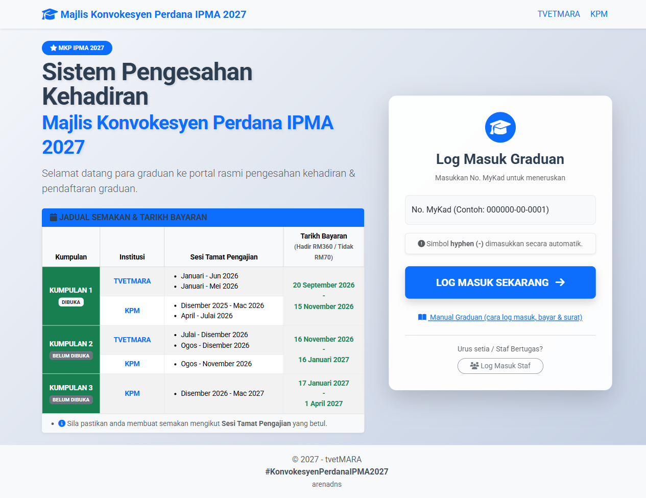 Laman utama — jadual kumpulan dan borang log masuk